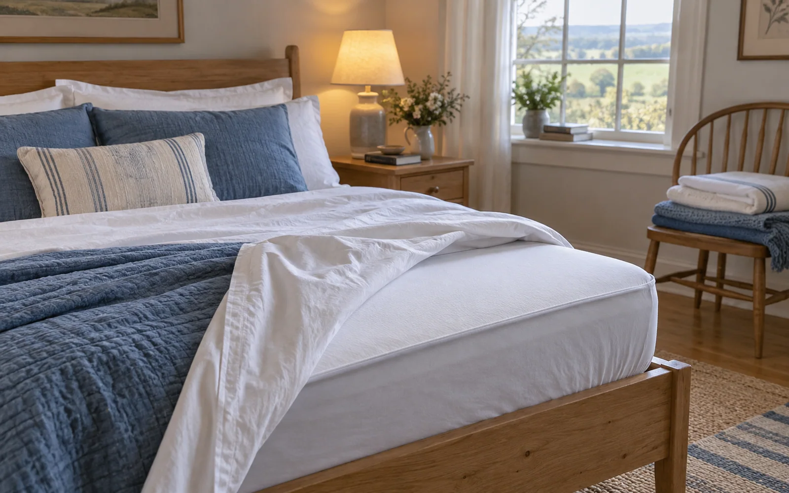 A sheet corner turned back over a fabric-covered mattress surface, with folded spare bedding nearby.