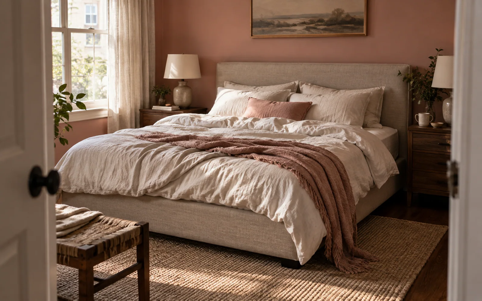 A sheet corner turned back over a fabric-covered mattress surface, with folded spare bedding nearby.