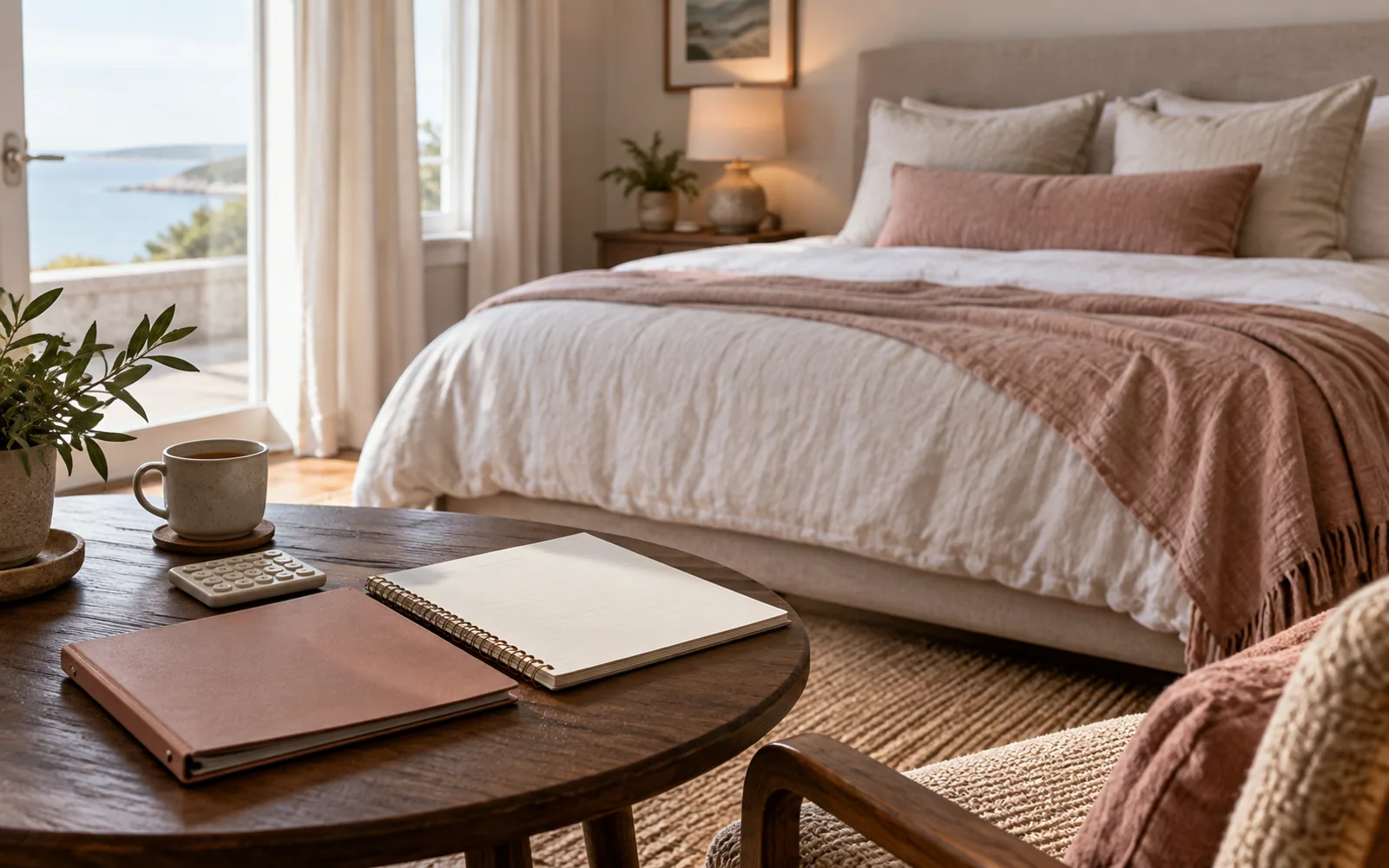 A notebook, folder, and calculator on a bedroom side table, with a softly made bed in the background.