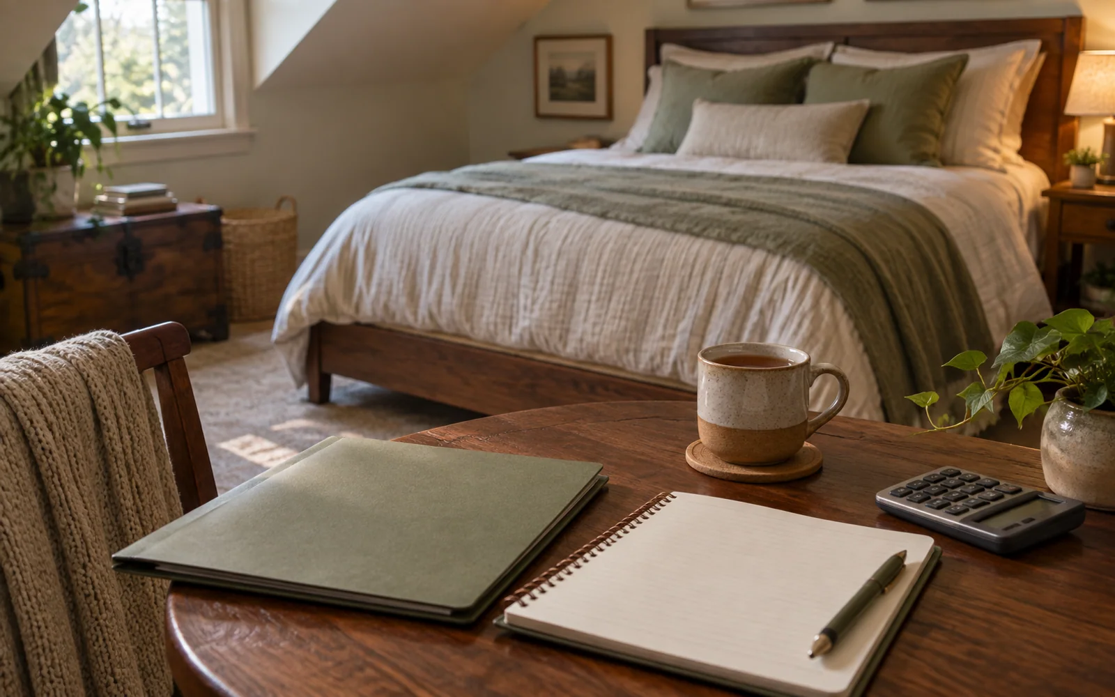A notebook, folder, and calculator on a bedroom side table, with a softly made bed in the background.