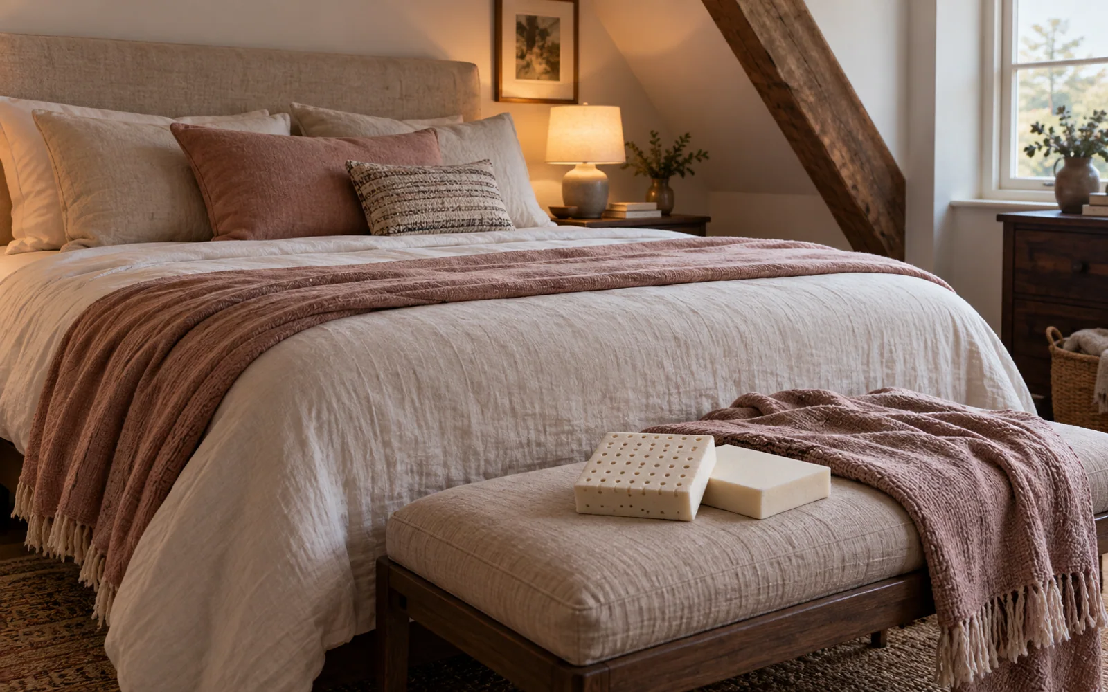 Small perforated and smooth upholstery foam swatches resting on a bench beside a softly made bed.
