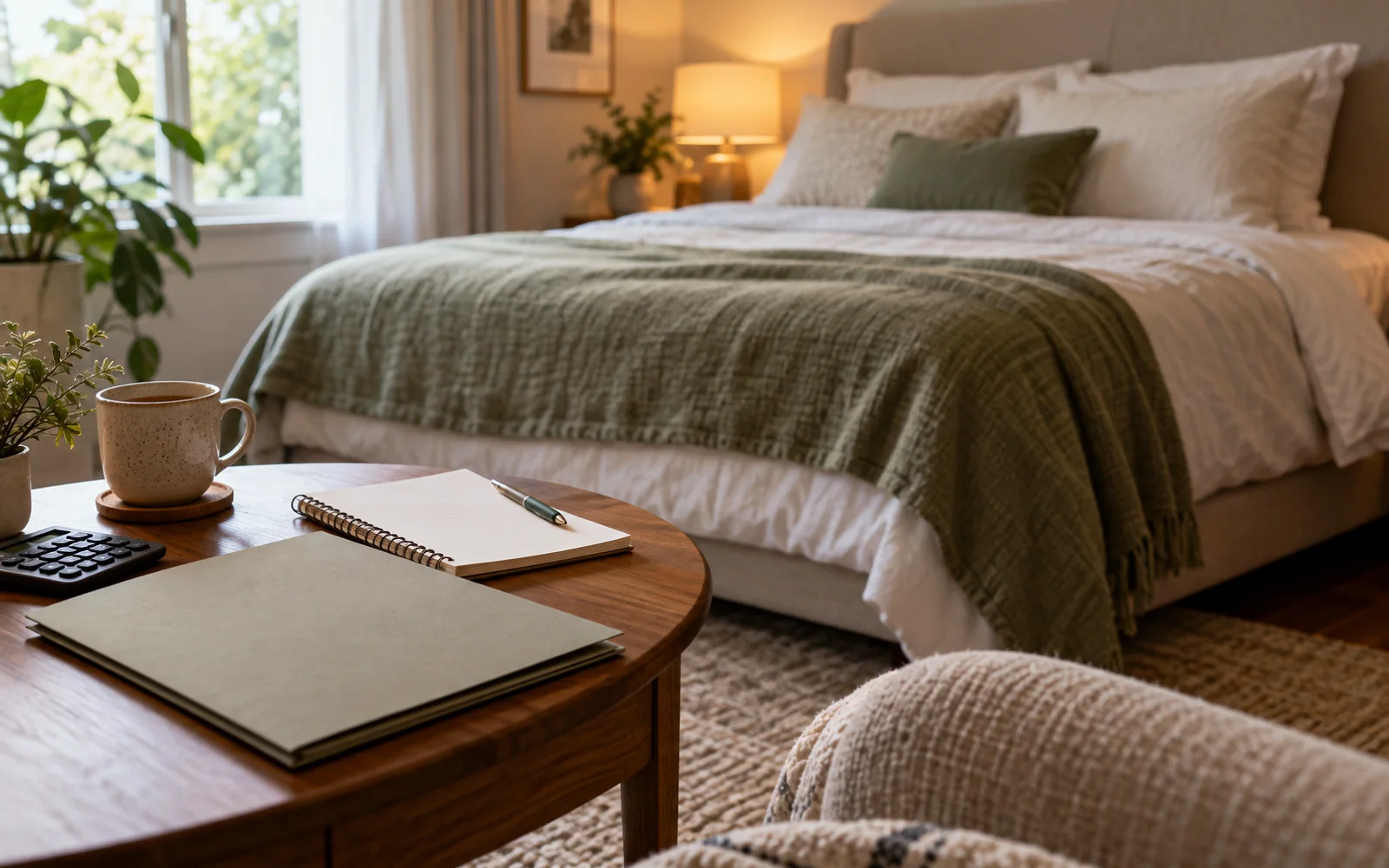 A notebook, folder, and calculator on a bedroom side table, with a softly made bed in the background.