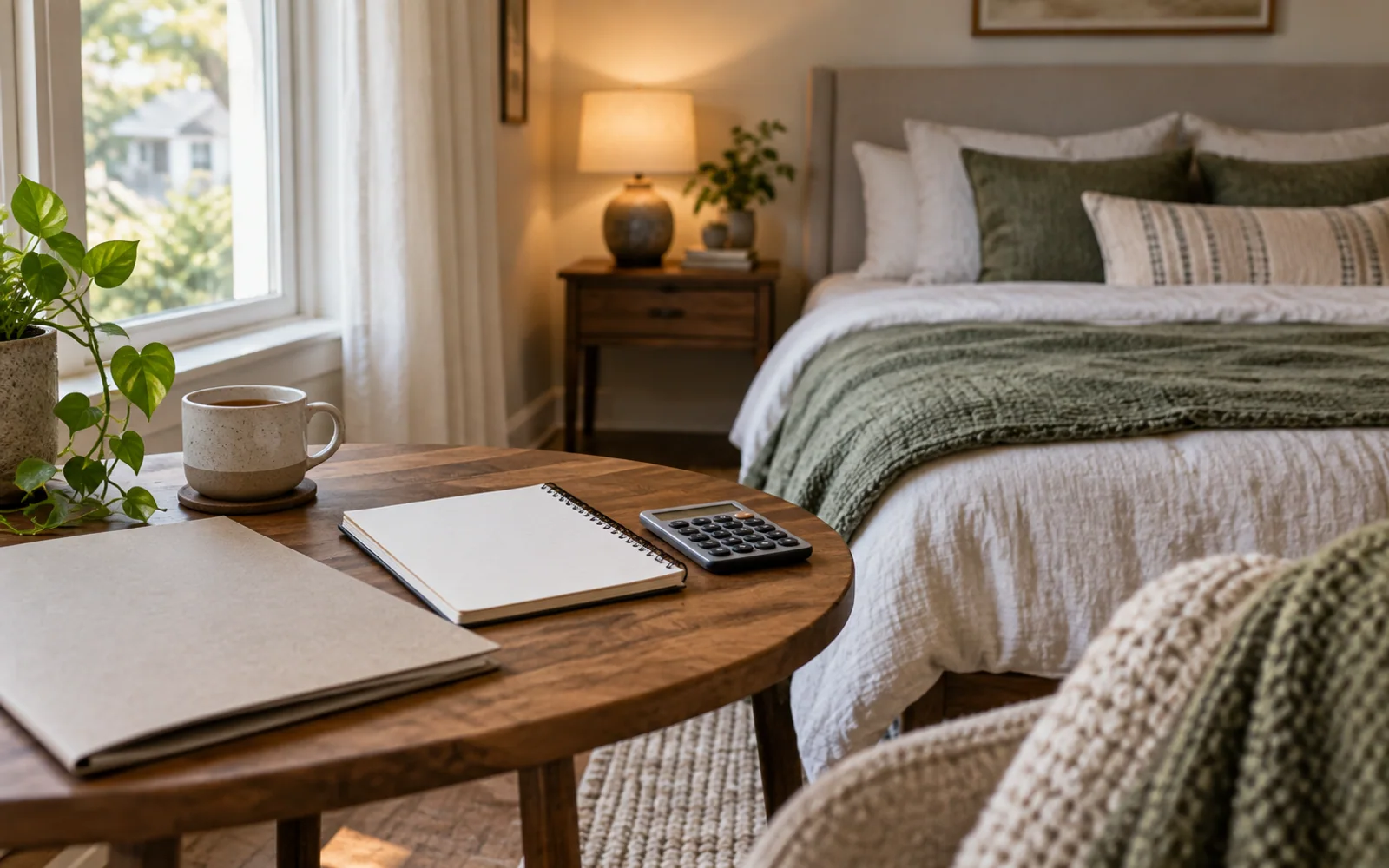 A notebook, folder, and calculator on a bedroom side table, with a softly made bed in the background.