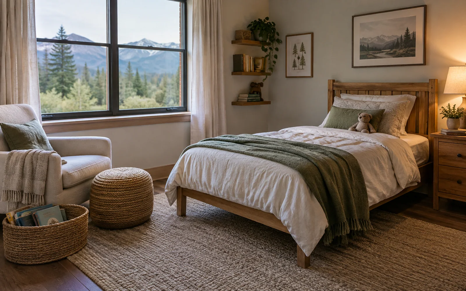 A small bed with cotton bedding, nearby books, and soft bedroom textiles in an inviting child's room.