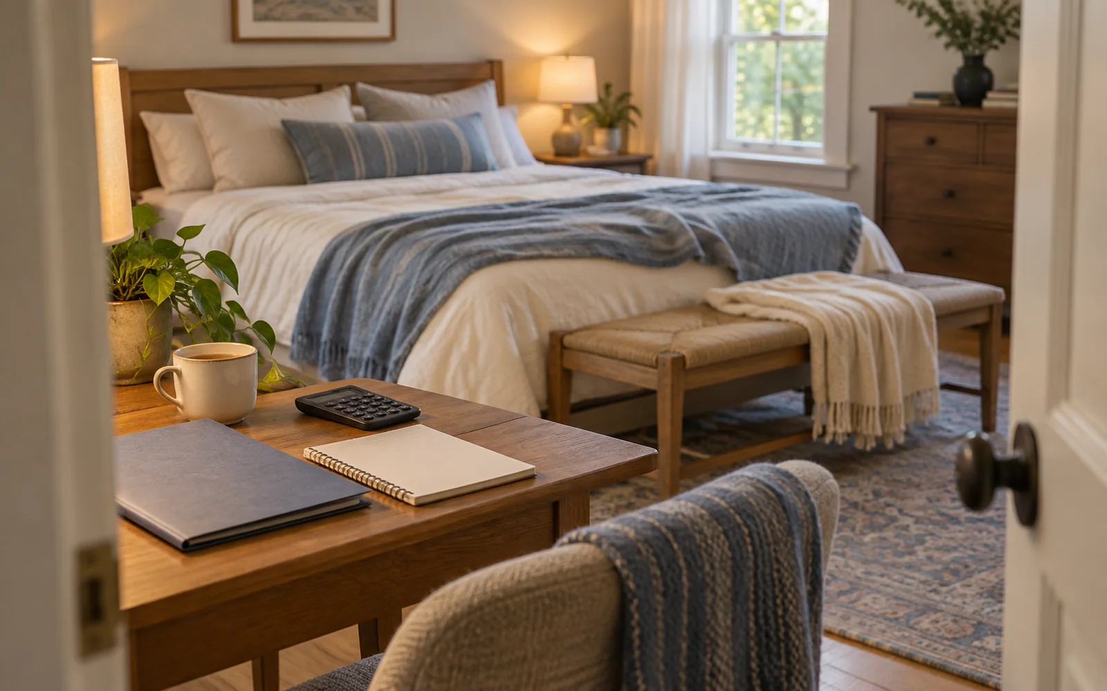 A notebook, folder, and calculator on a bedroom side table, with a softly made bed in the background.