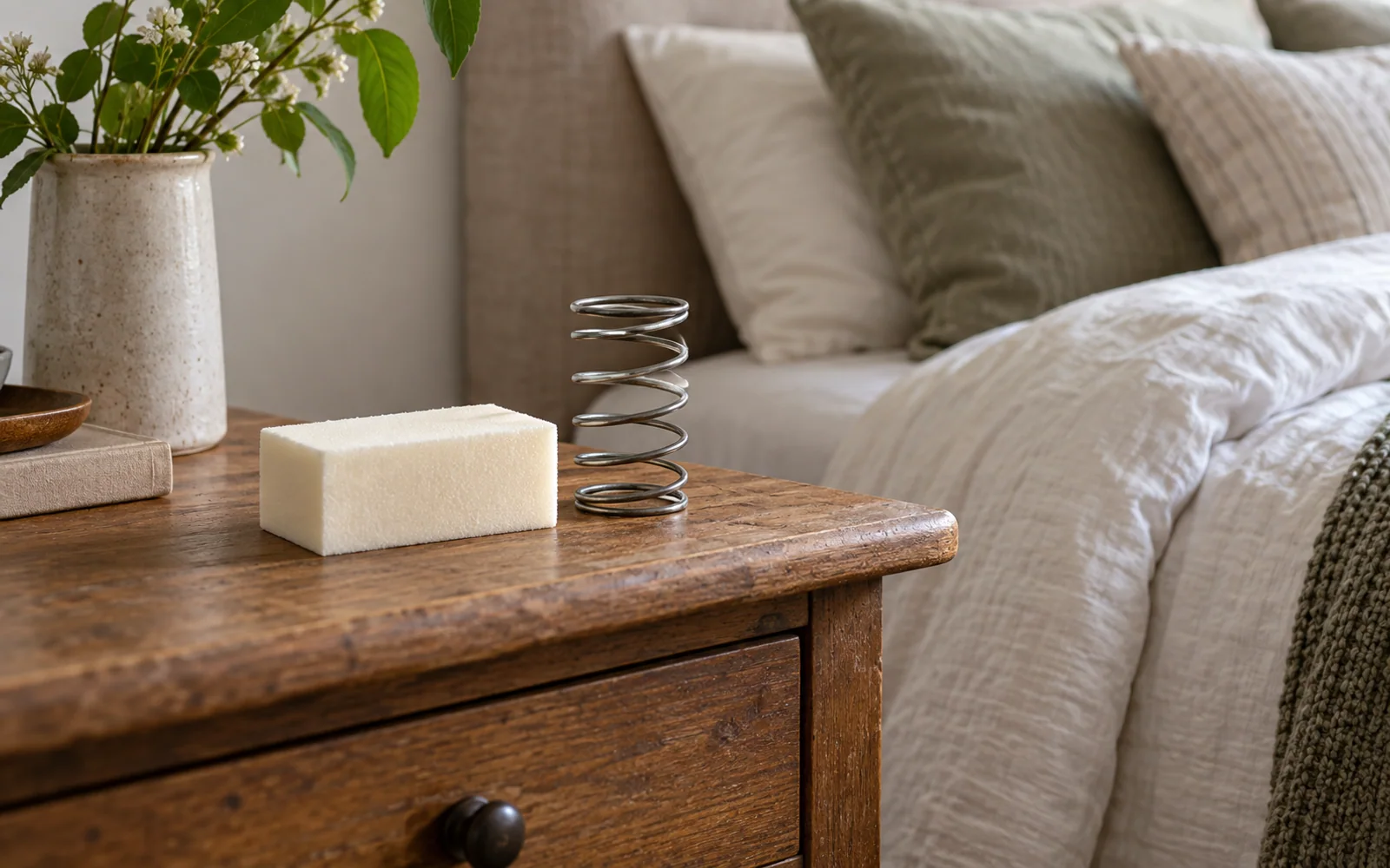 A small steel spring and smooth foam swatch on a wooden bedside surface next to a comfortably dressed bed.