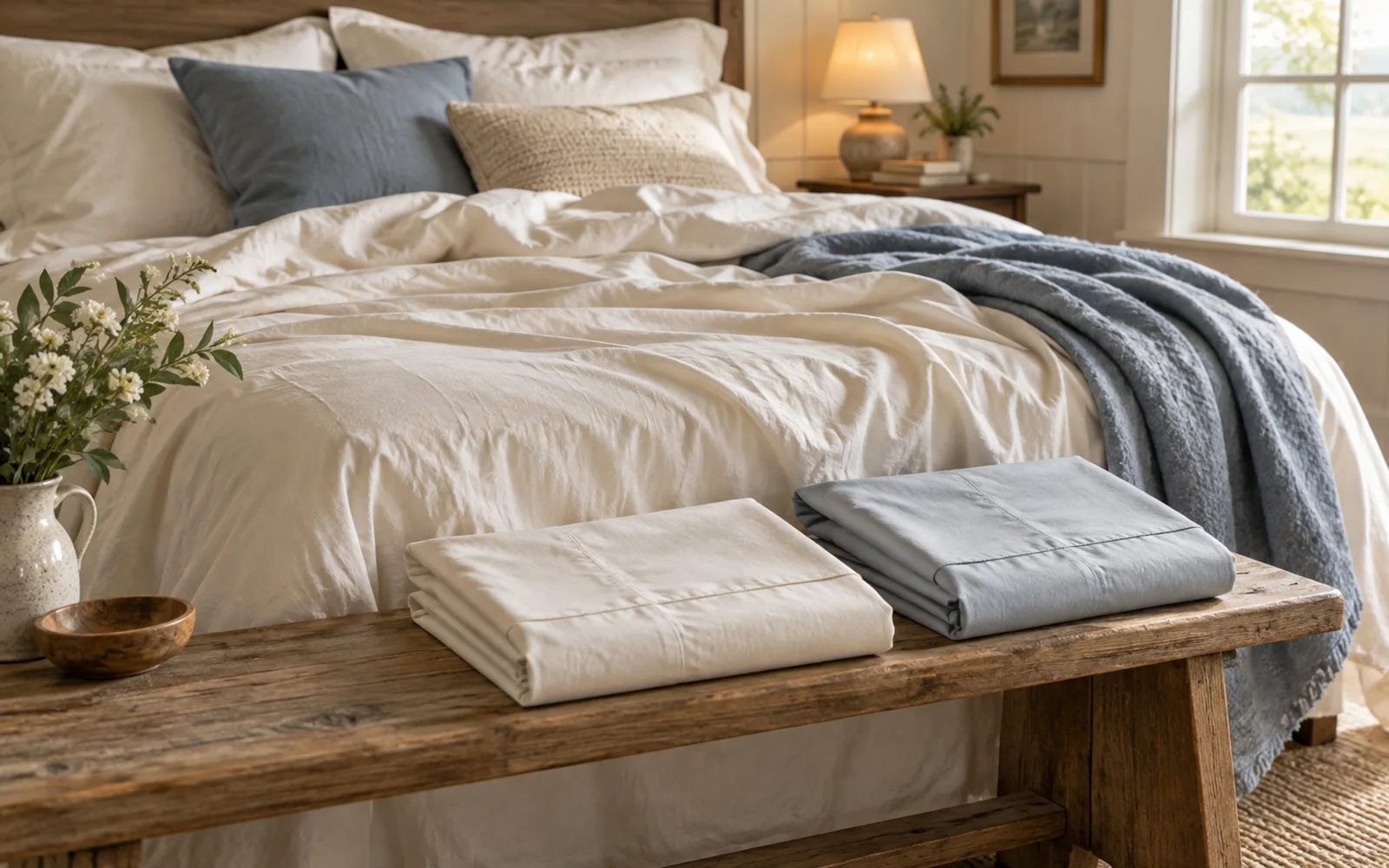 Naturally rumpled sheets and folded pillowcases on a softly made bed with a wooden bench nearby.