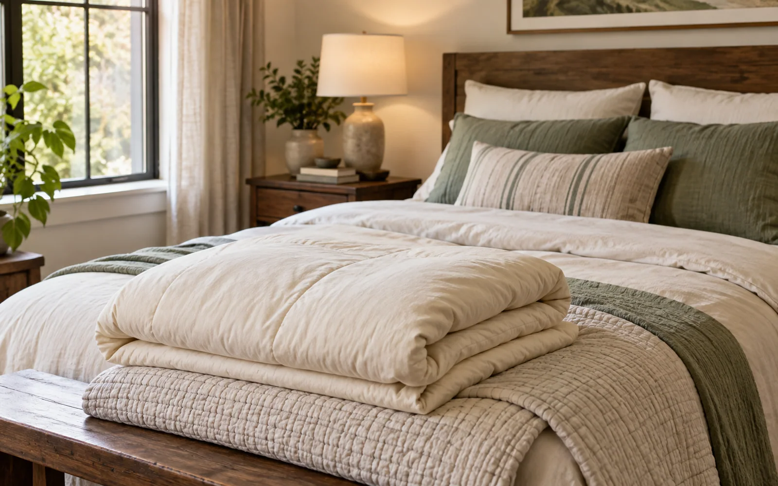 Folded cream bedding and a lighter quilt on the foot of a bed, with soft pillows and natural window light.