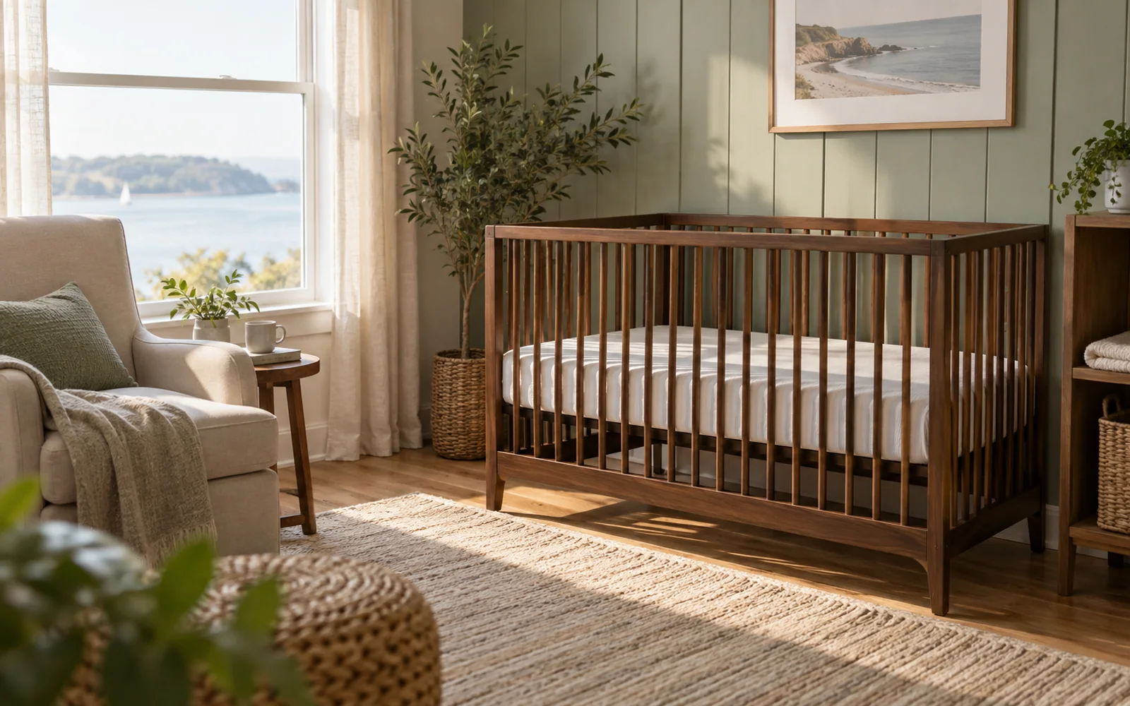 An empty wooden crib with a flat fitted sleep surface beside a reading chair in a softly lit nursery.