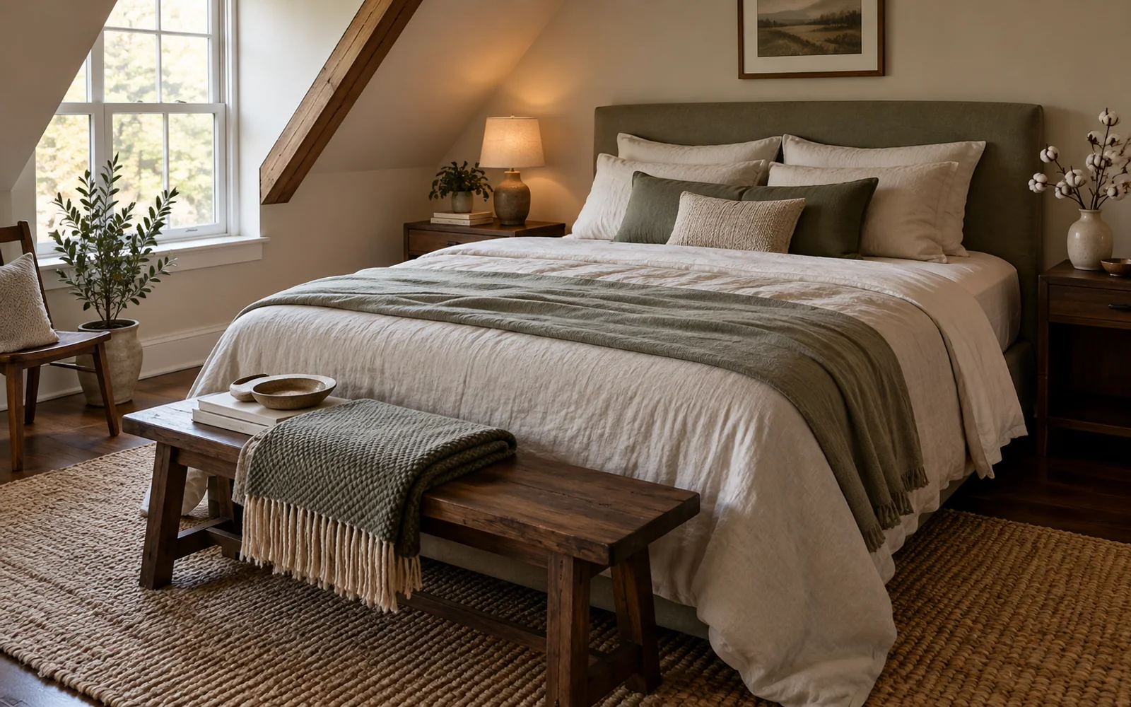 A complete fabric-covered bed with softly rumpled bedding, textured pillows, and practical furniture in a calm bedroom.