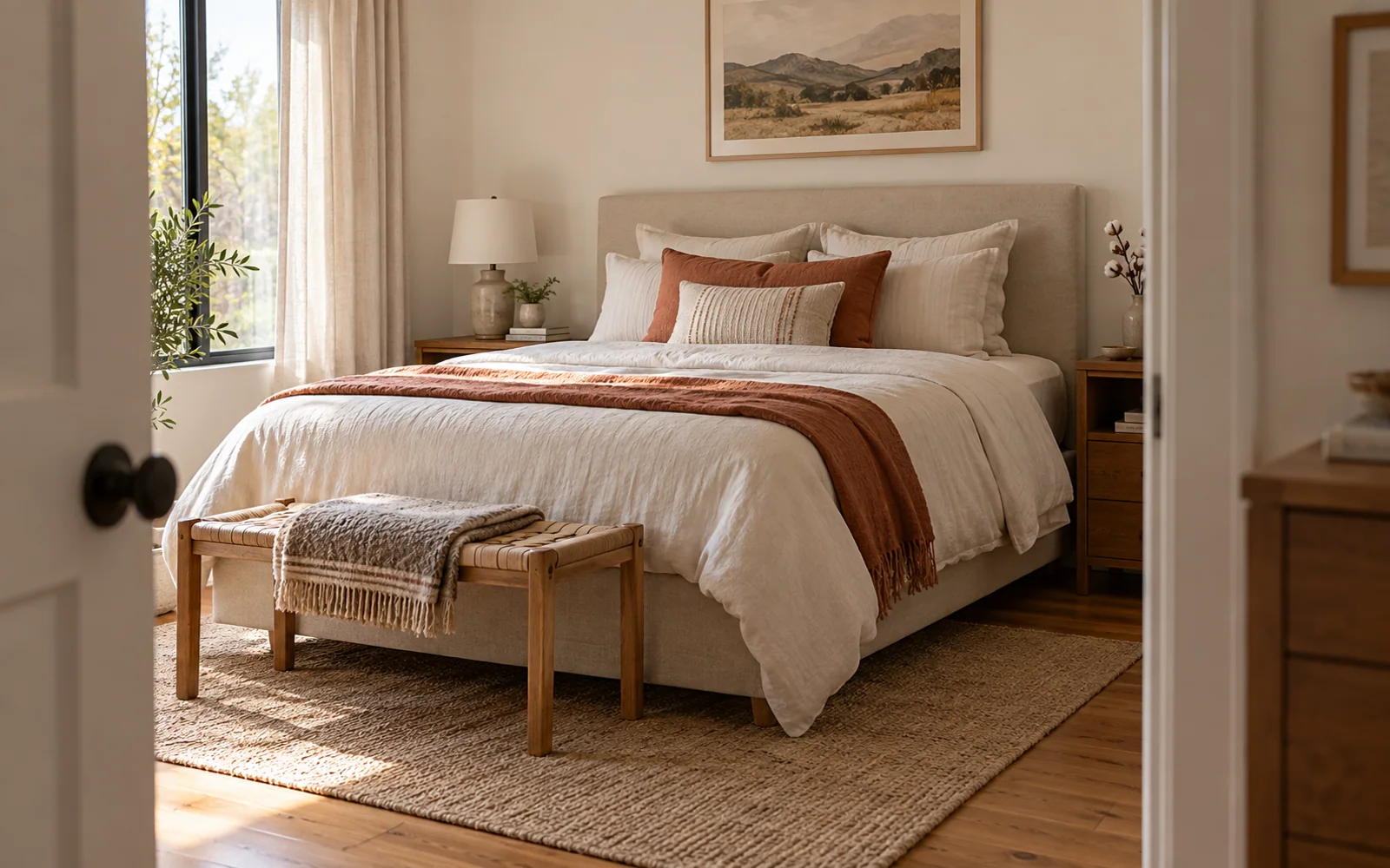 A complete fabric-covered bed with softly rumpled bedding, textured pillows, and practical furniture in a calm bedroom.