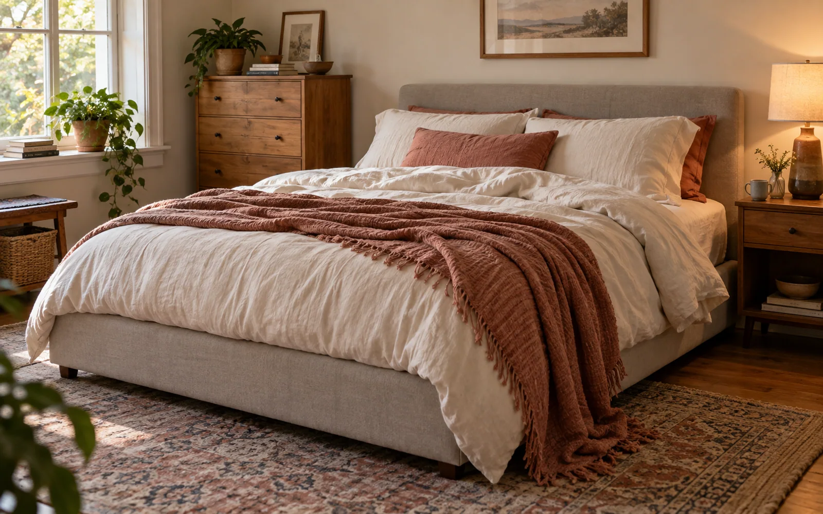A complete fabric-covered bed with softly rumpled bedding, textured pillows, and practical furniture in a calm bedroom.