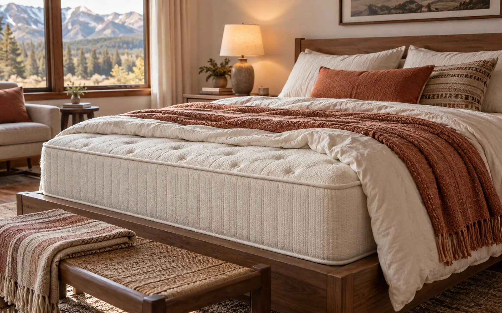 A complete fabric-covered bed with softly rumpled bedding, textured pillows, and practical furniture in a calm bedroom.