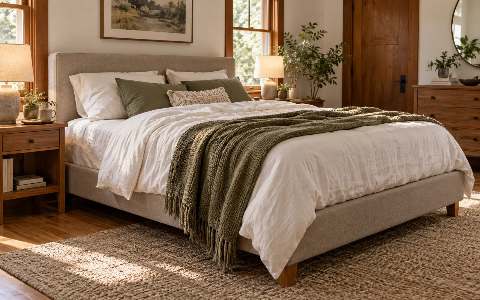 A complete fabric-covered bed with softly rumpled bedding, textured pillows, and practical furniture in a calm bedroom.