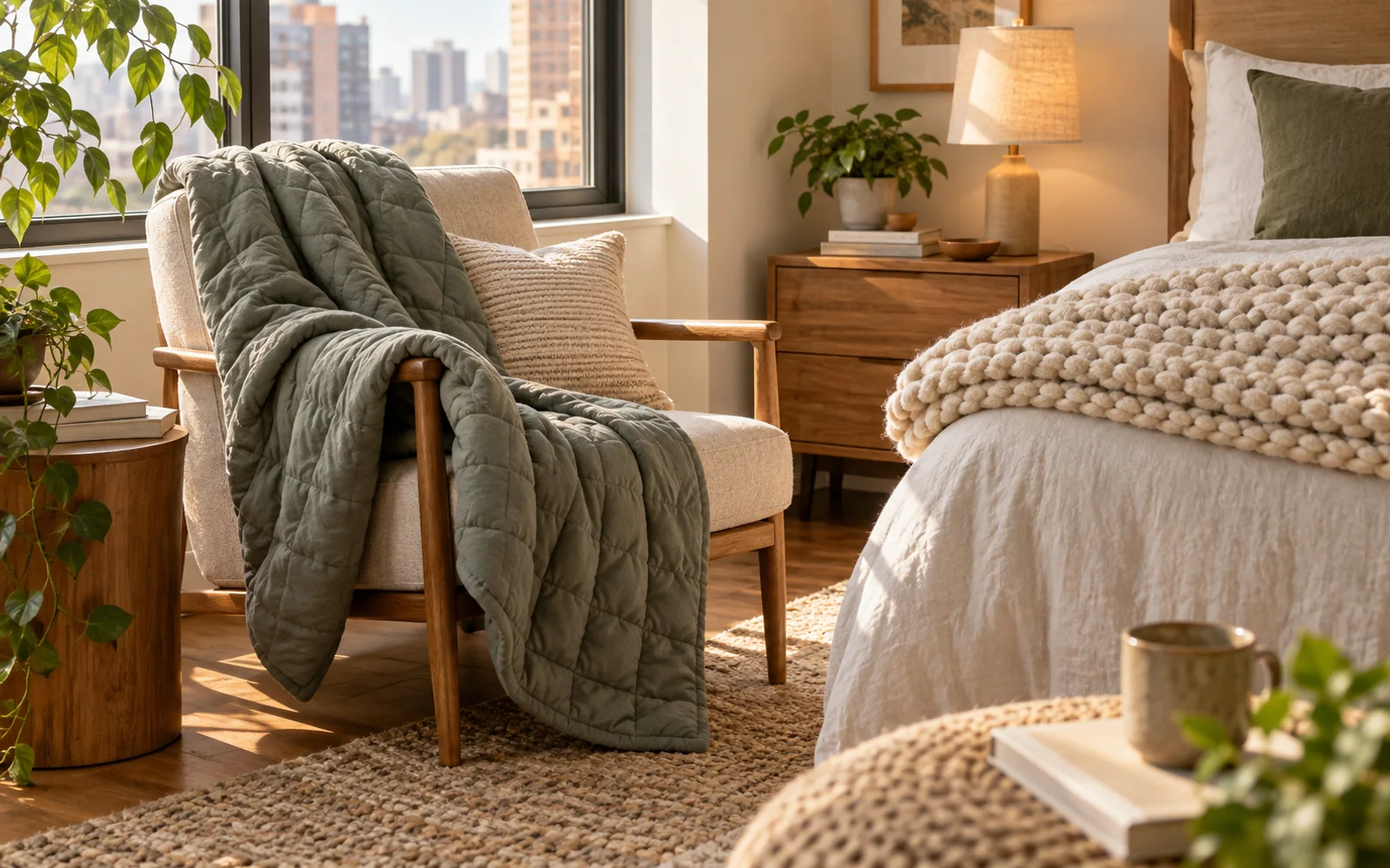A quilted blanket draped over a reading chair and a chunky knit blanket folded beside a softly made bed.