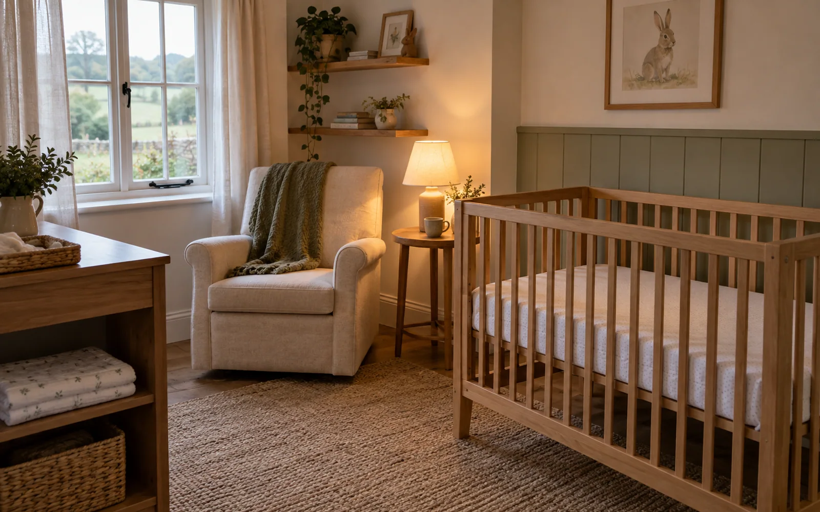 An empty wooden crib with a flat fitted sleep surface beside a reading chair in a softly lit nursery.