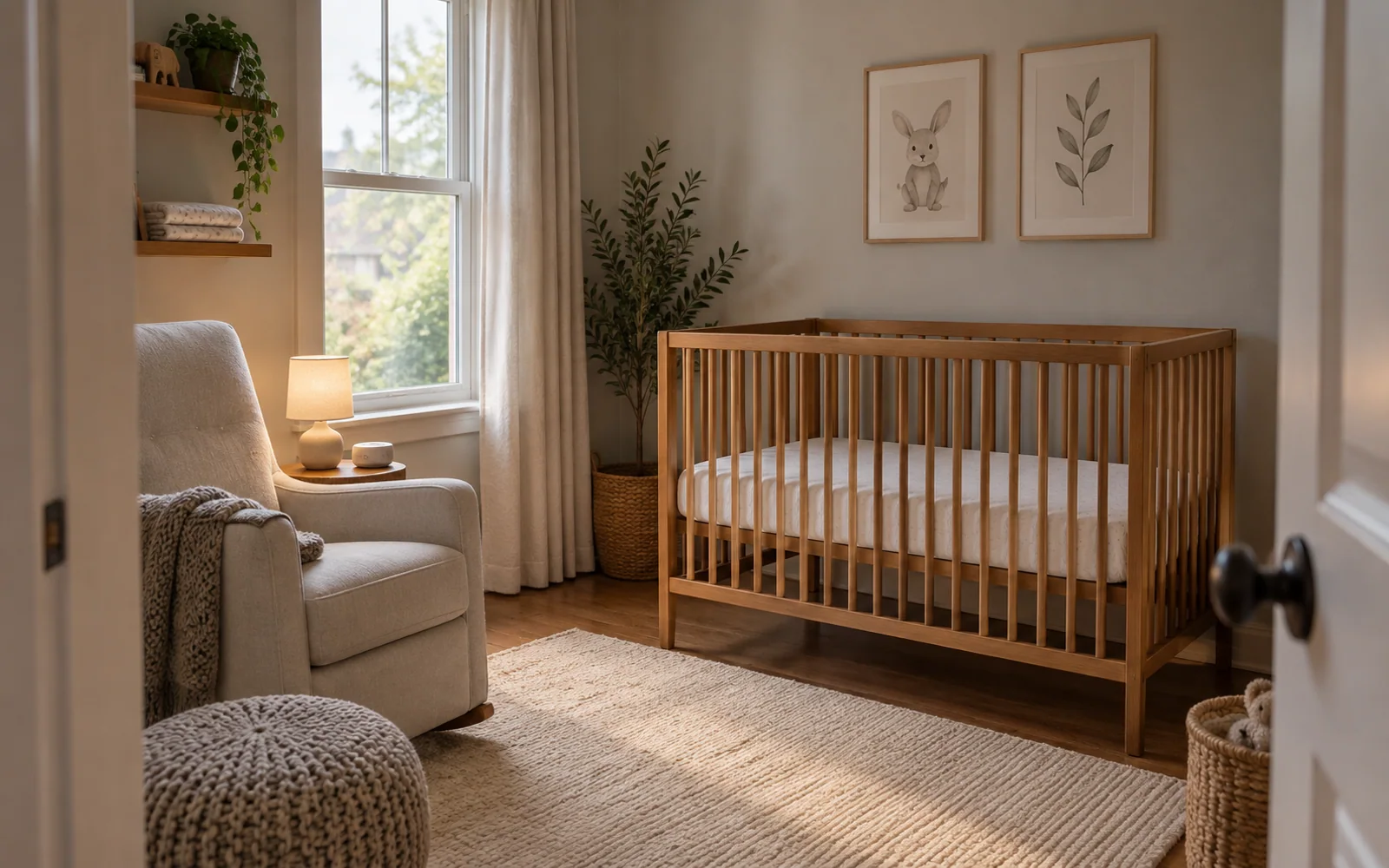 An empty wooden crib with a flat fitted sleep surface beside a reading chair in a softly lit nursery.