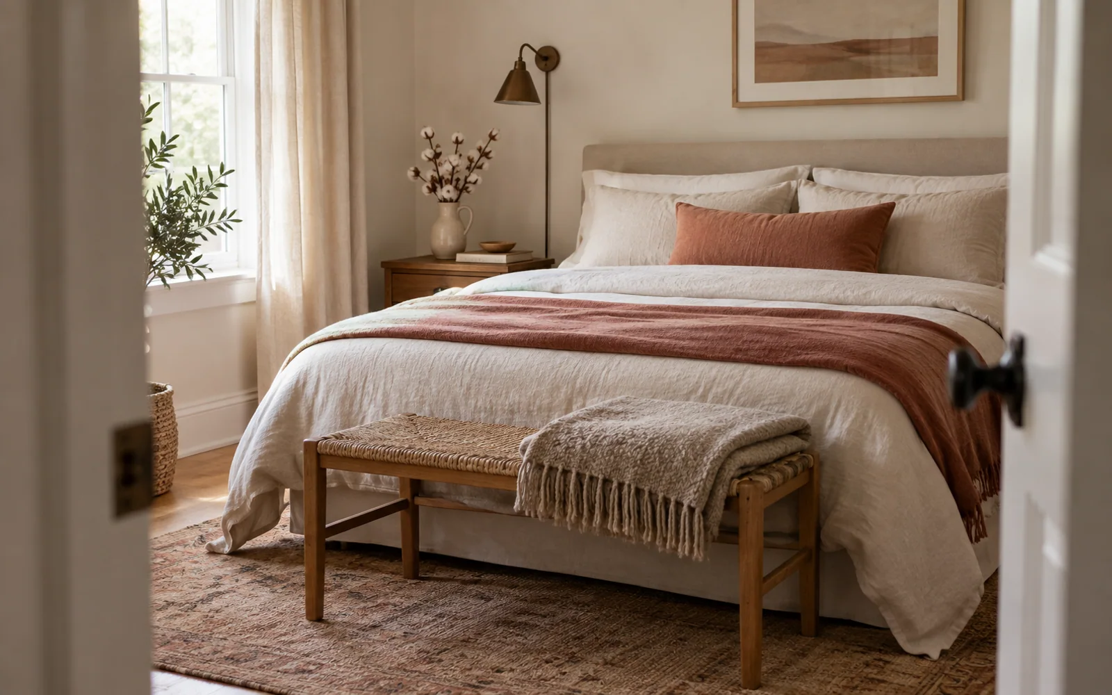 A complete fabric-covered bed dressed in softly textured bedding, with a folded throw and warm wooden furniture nearby.
