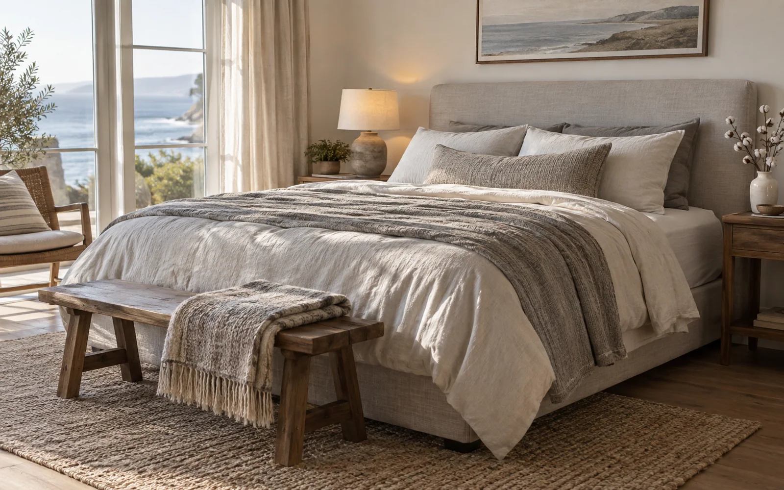 A complete fabric-covered bed dressed in softly textured bedding, with a folded throw and warm wooden furniture nearby.