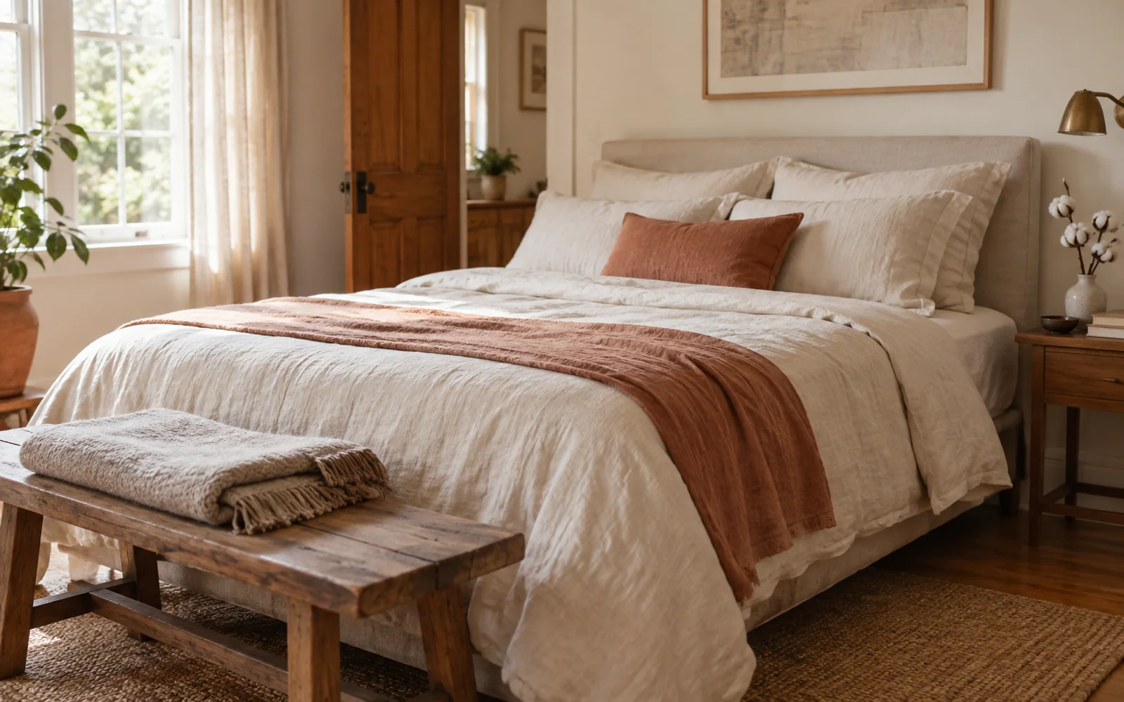 A complete fabric-covered bed dressed in softly textured bedding, with a folded throw and warm wooden furniture nearby.