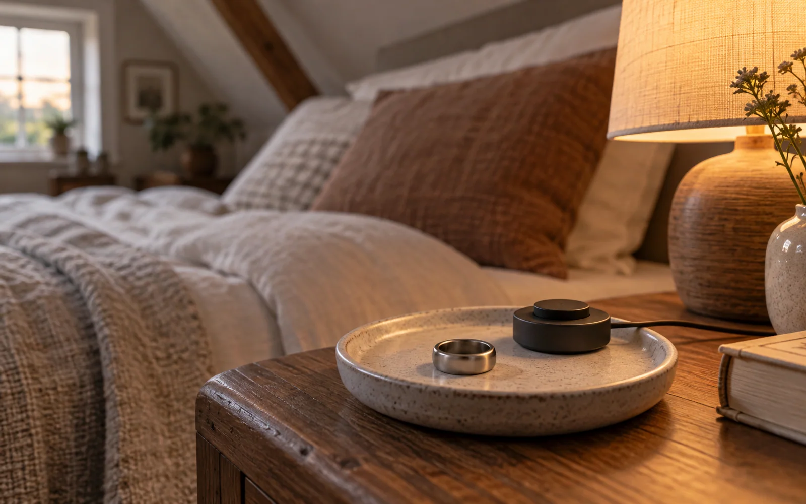 A simple metallic ring and a compact charging accessory on a bedside dish beside soft pillows and a lamp.