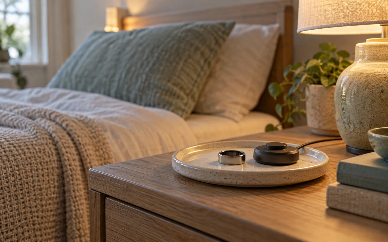 A simple metallic ring and a compact charging accessory on a bedside dish beside soft pillows and a lamp.