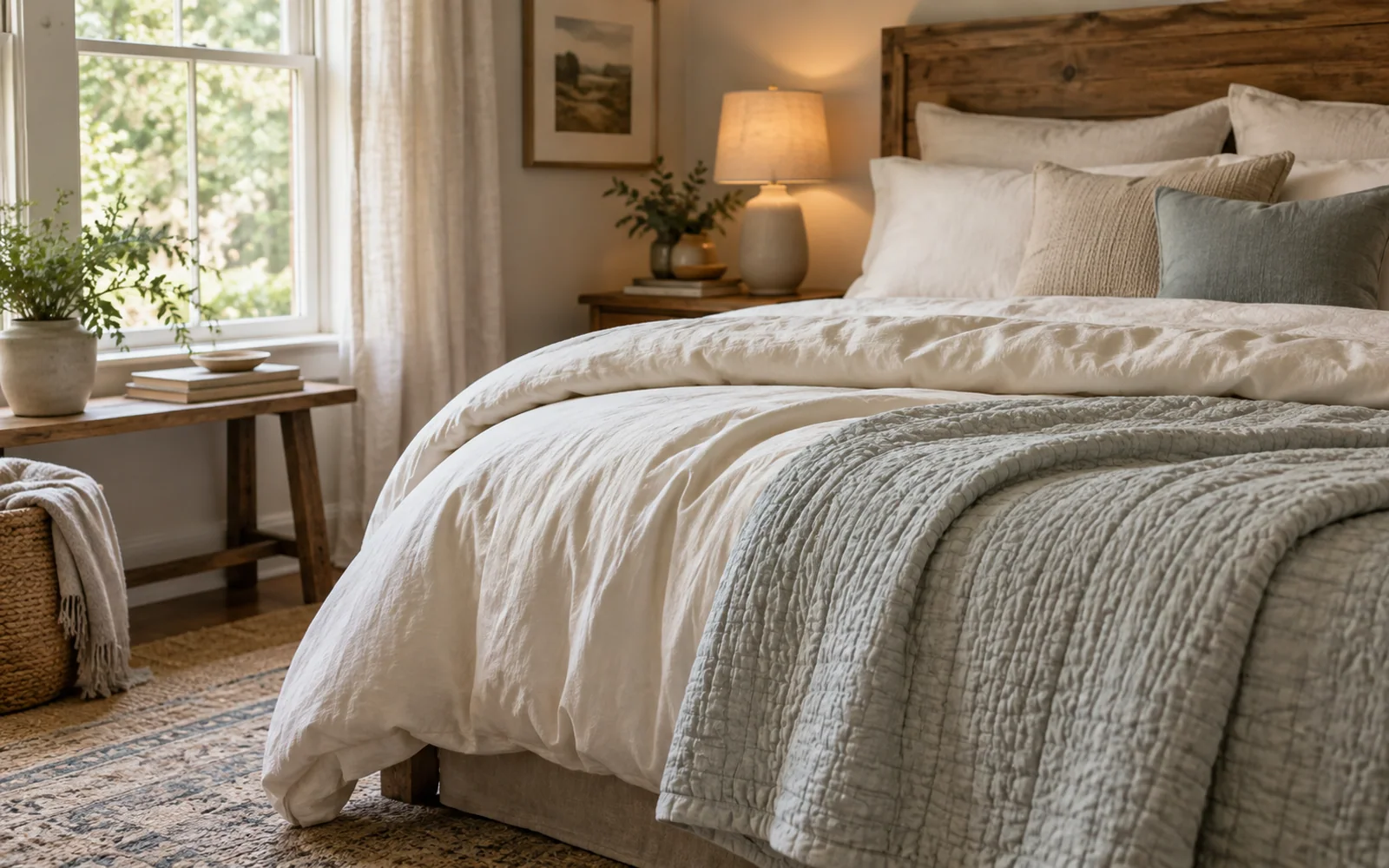 A small bed with cotton bedding, nearby books, and soft bedroom textiles in an inviting child's room.