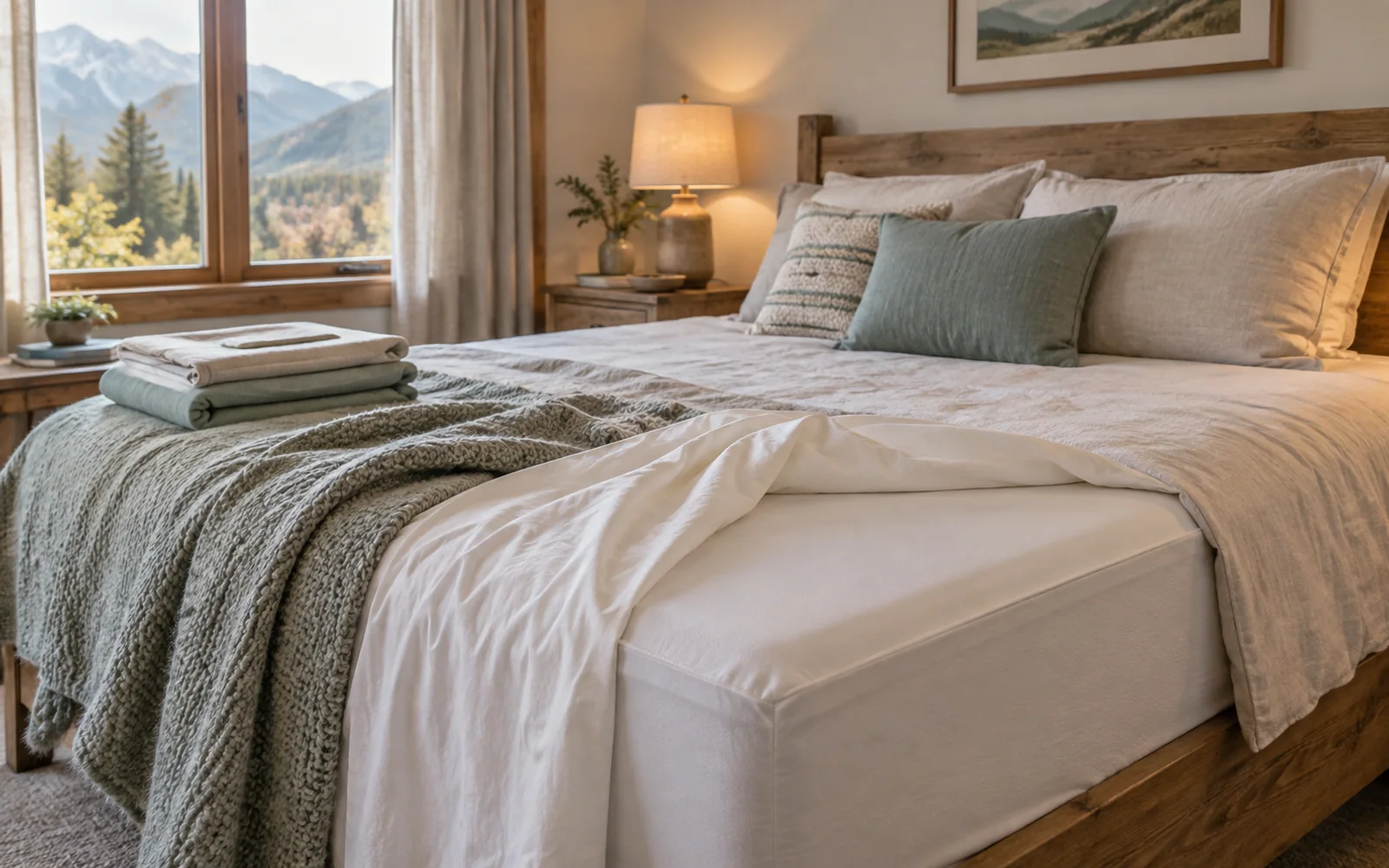 A sheet corner turned back over a fabric-covered mattress surface, with folded spare bedding nearby.