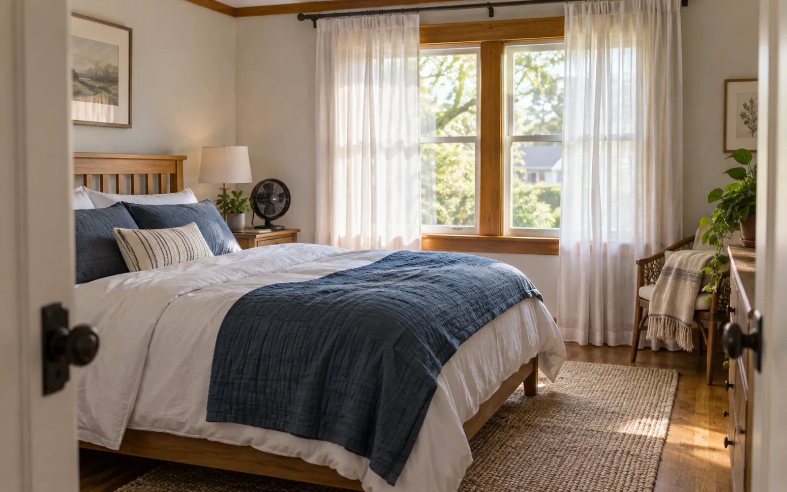 Lightweight bedding in an airy bedroom, with sheer curtains and a small fan near the window.