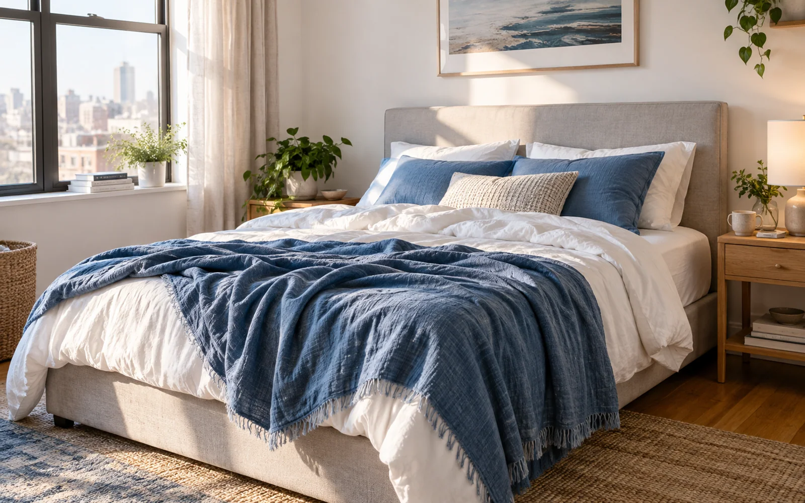 A complete fabric-covered bed with softly rumpled bedding, textured pillows, and practical furniture in a calm bedroom.