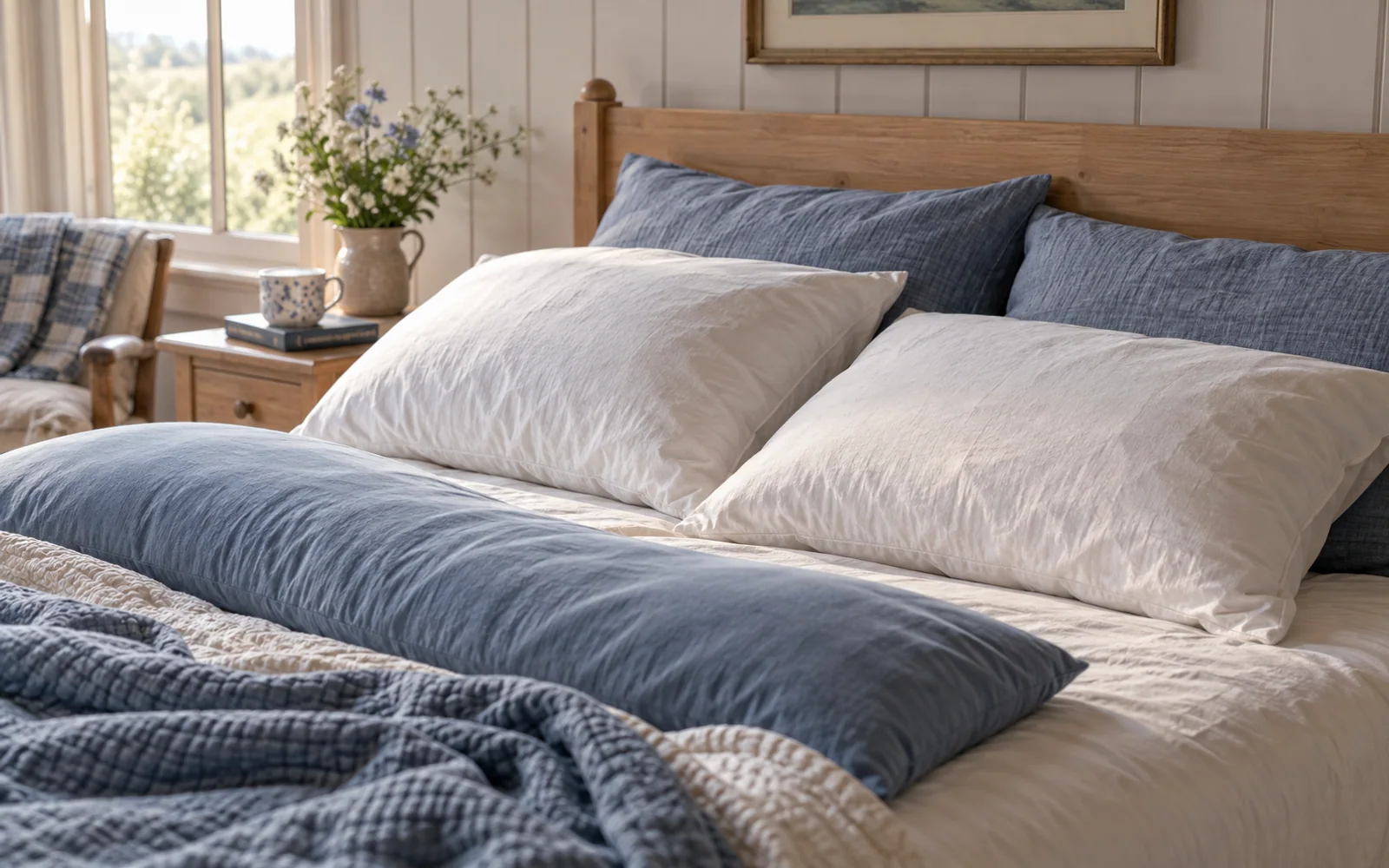 Fabric-covered sleeping pillows with different shapes and lofts arranged on a softly made bed.