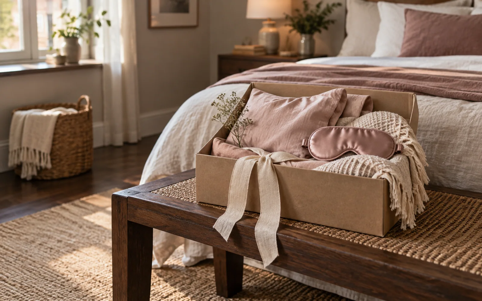 A cloth sleep mask and folded soft bedding gathered in a kraft gift box on a bedroom bench.