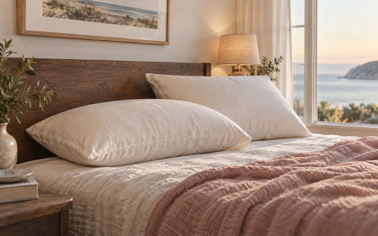 Fabric-covered sleeping pillows with different shapes and lofts arranged on a softly made bed.