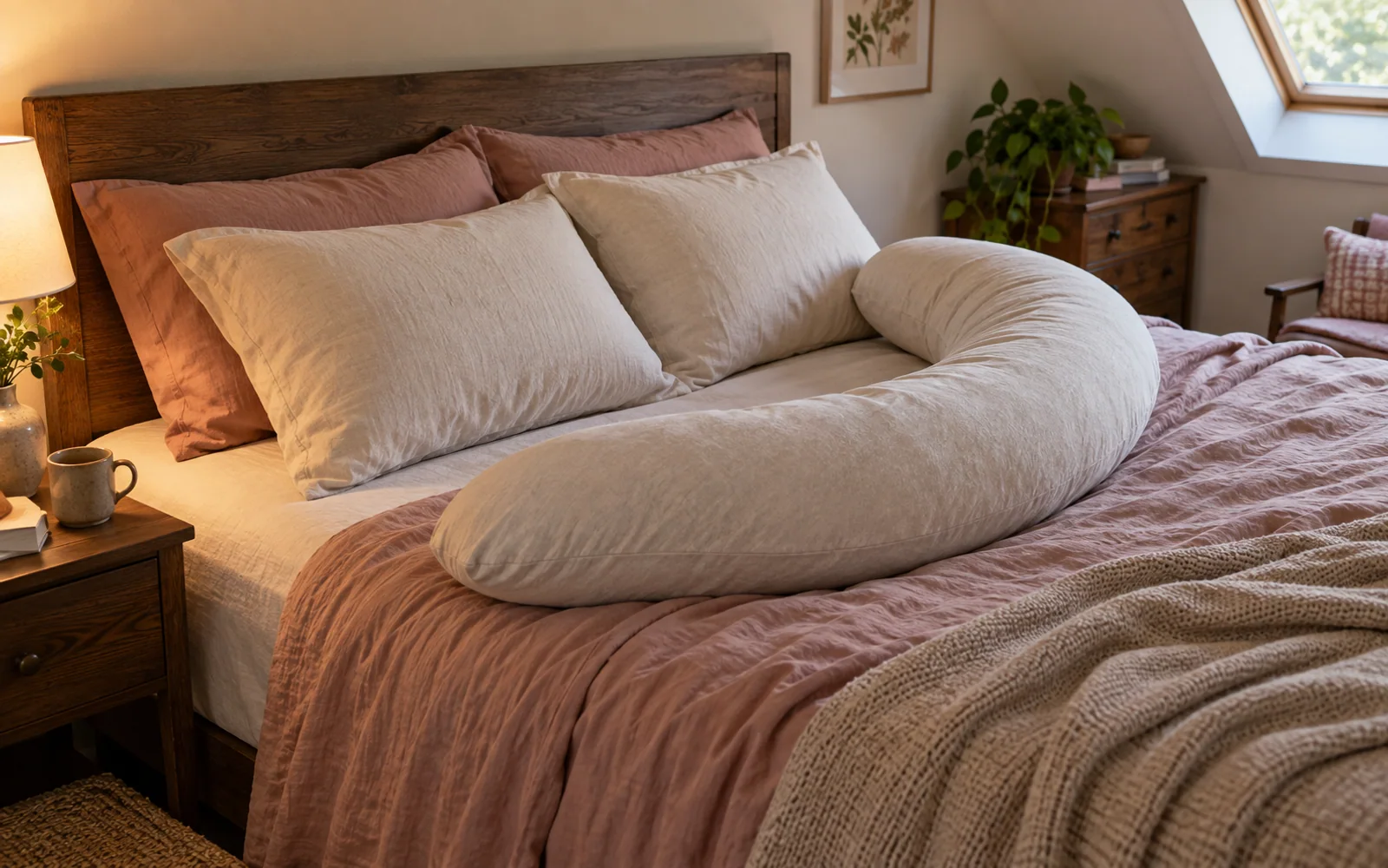 Fabric-covered sleeping pillows with different shapes and lofts arranged on a softly made bed.