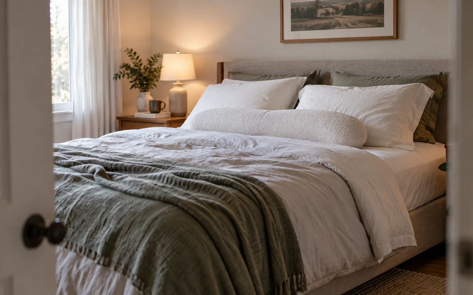 Fabric-covered sleeping pillows with different shapes and lofts arranged on a softly made bed.
