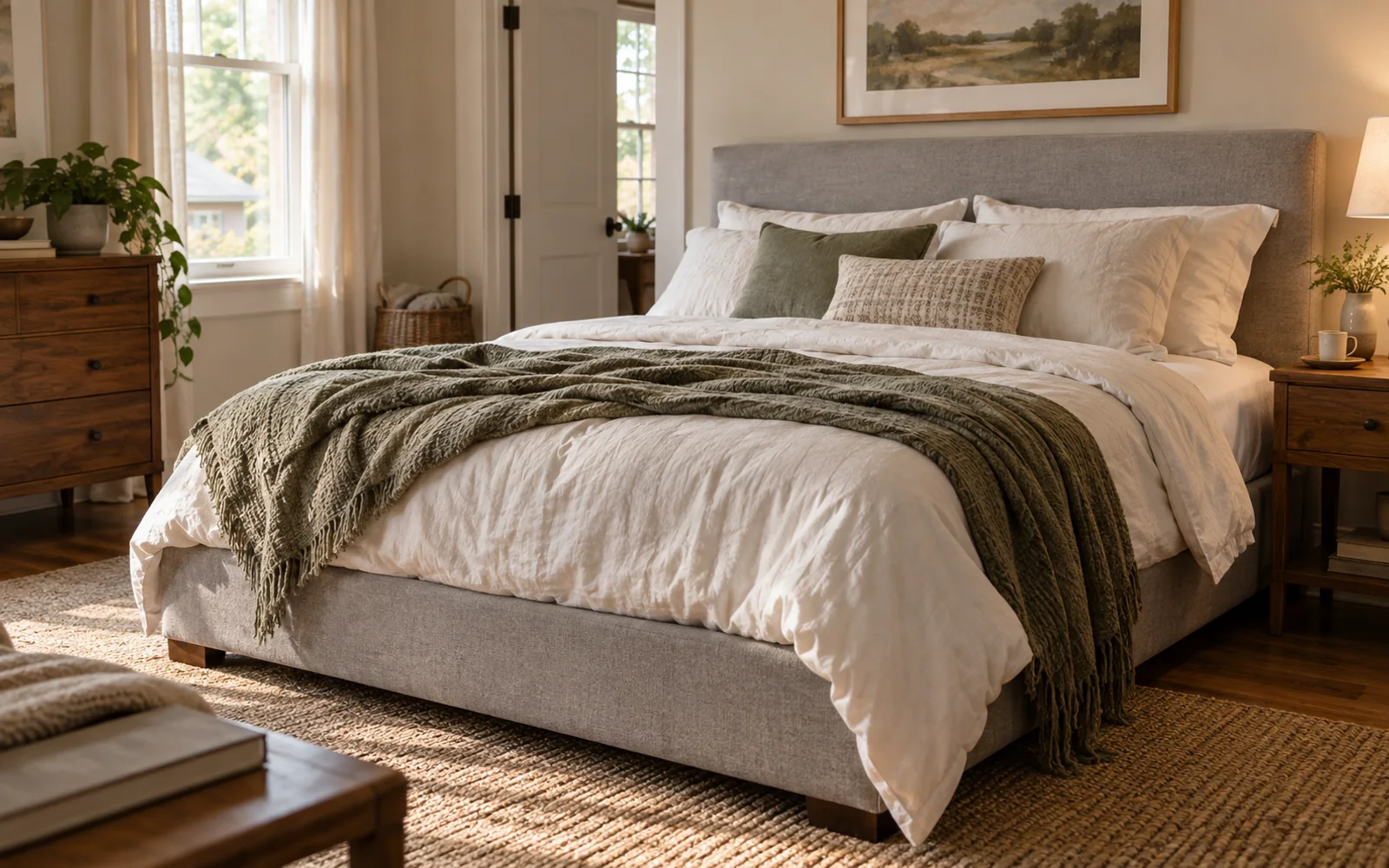 A complete fabric-covered bed with softly rumpled bedding, textured pillows, and practical furniture in a calm bedroom.