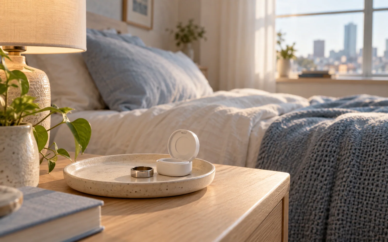 A simple metallic ring and a compact charging accessory on a bedside dish beside soft pillows and a lamp.