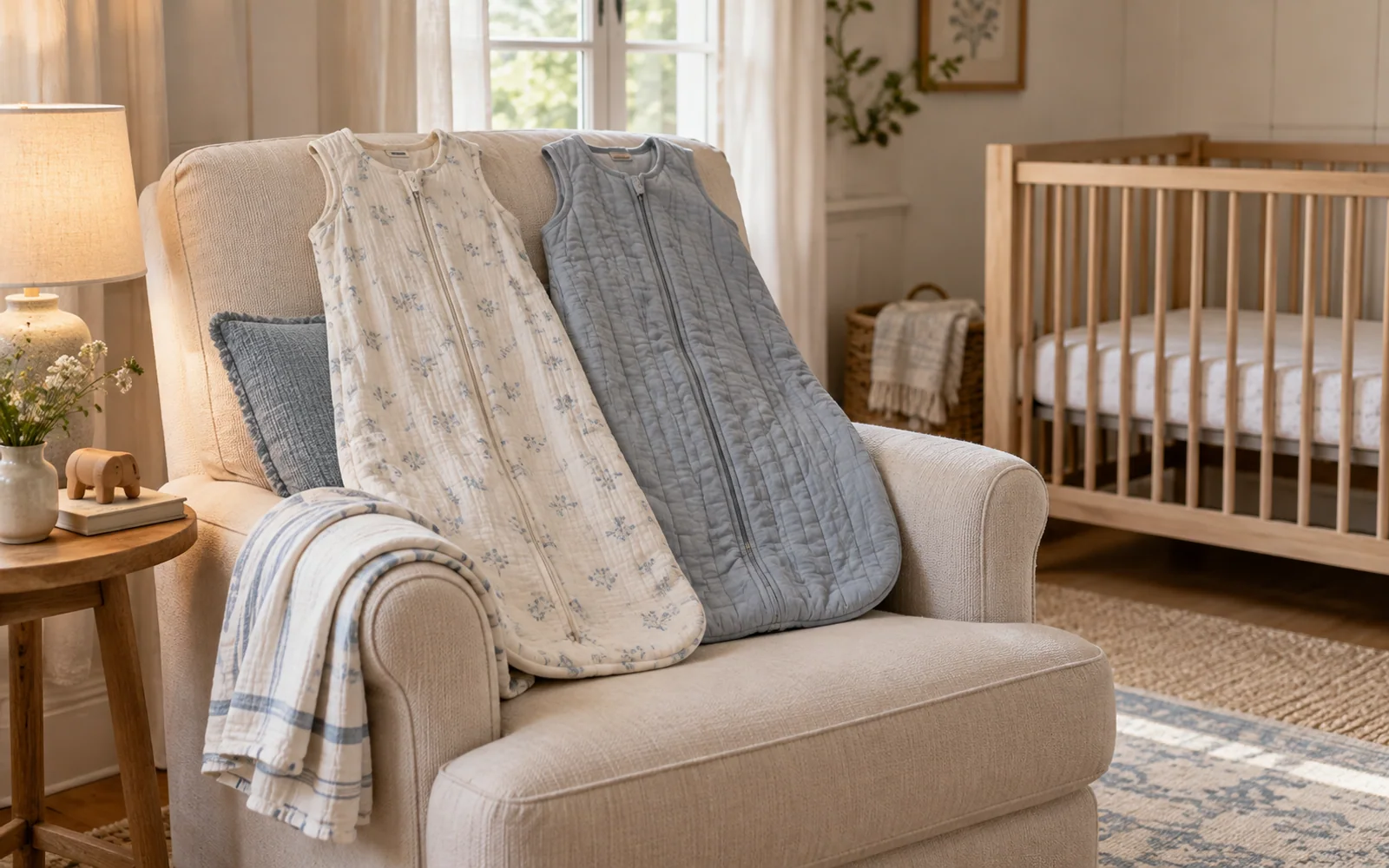 Softly folded nursery textiles draped over a reading chair beside an empty wooden crib in a calm room.