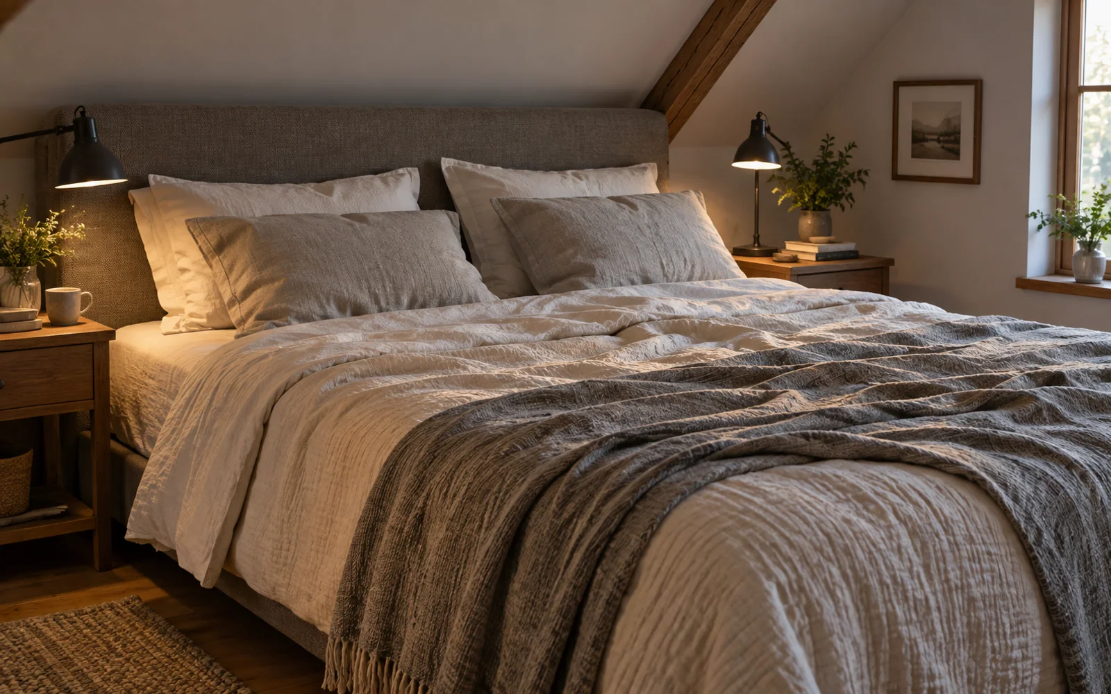 A complete fabric-covered bed with softly rumpled bedding, textured pillows, and practical furniture in a calm bedroom.