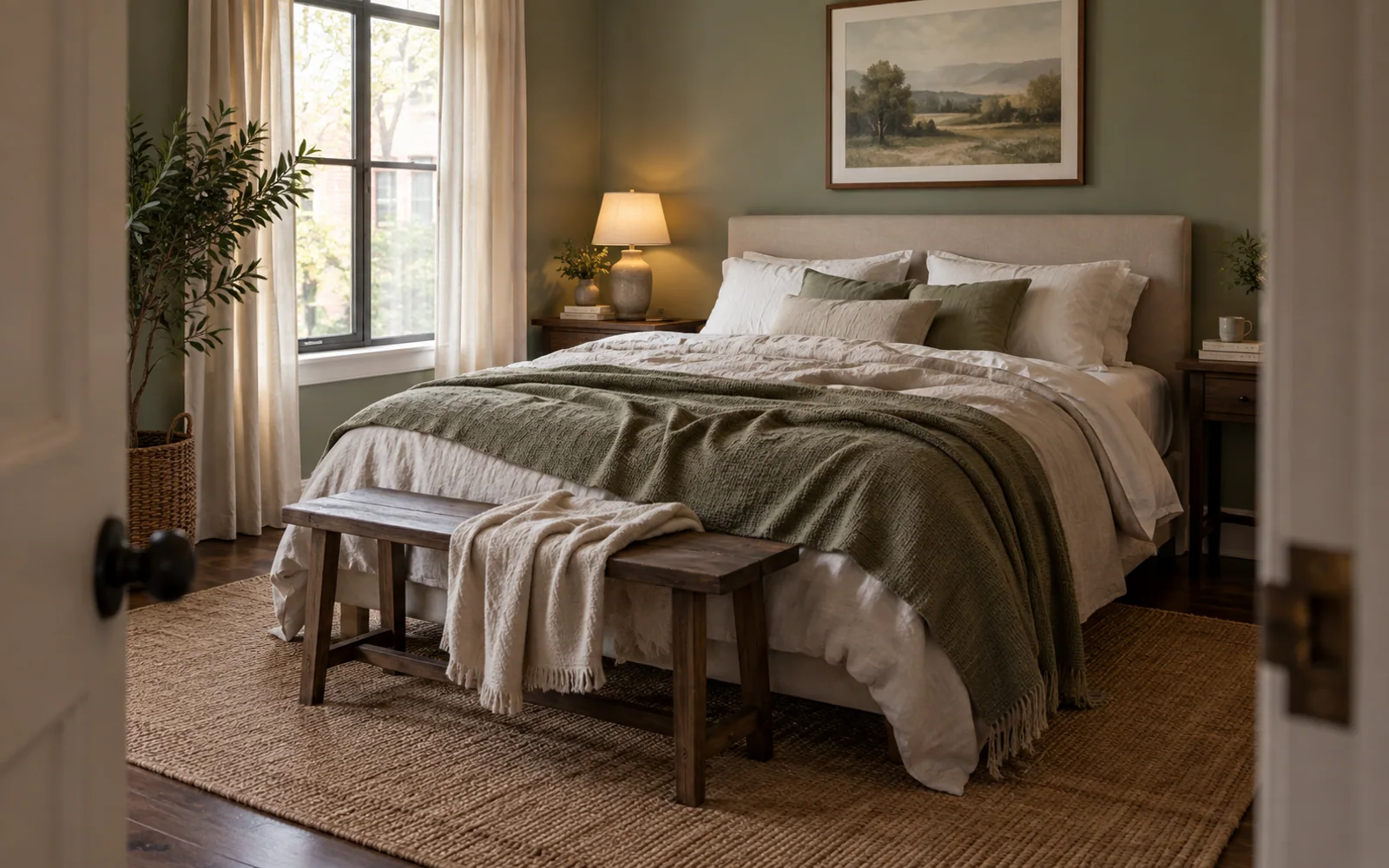 A complete fabric-covered bed with softly rumpled bedding, textured pillows, and practical furniture in a calm bedroom.