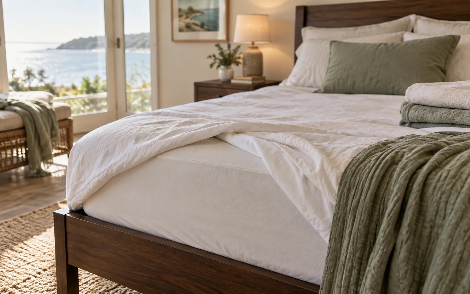 A sheet corner turned back over a fabric-covered mattress surface, with folded spare bedding nearby.