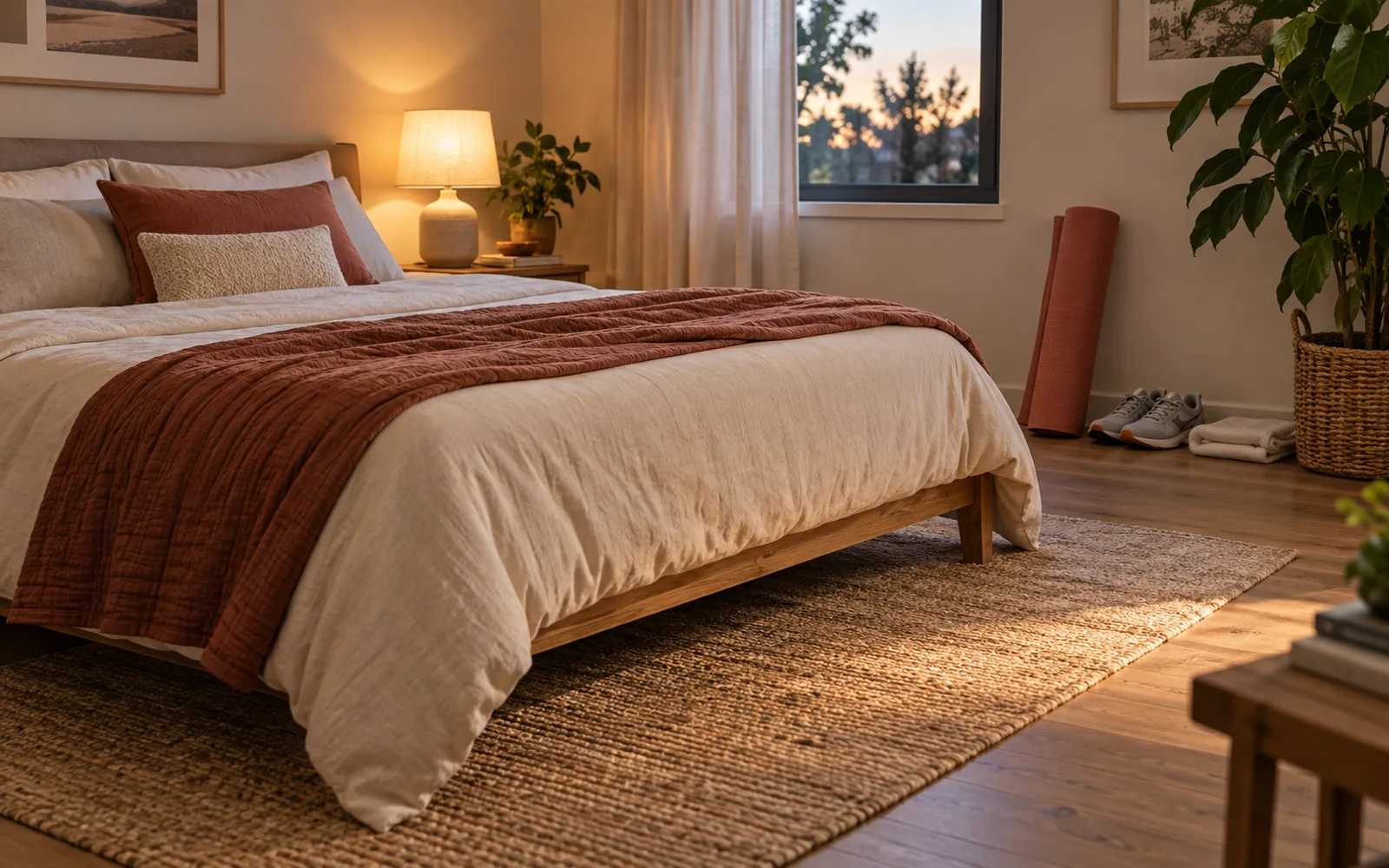 A softly made bed beside a quiet bedroom corner with exercise shoes, a rolled mat, and a folded towel.