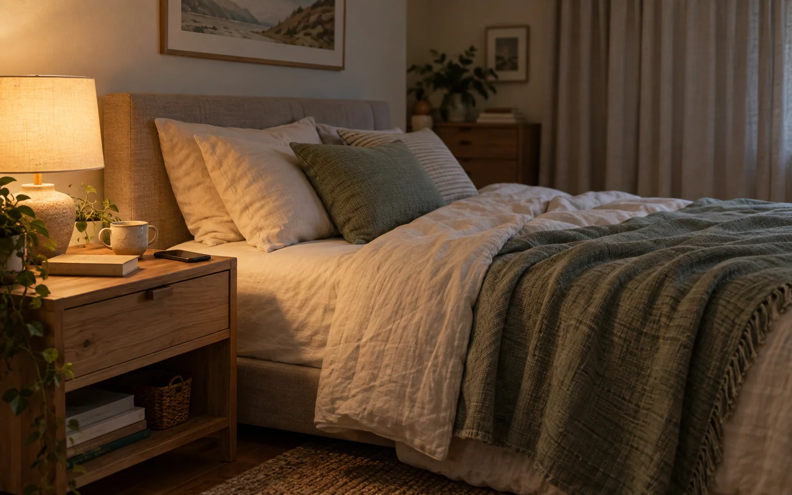 A softly made bed with a warm bedside lamp and a closed book in a quiet evening bedroom.