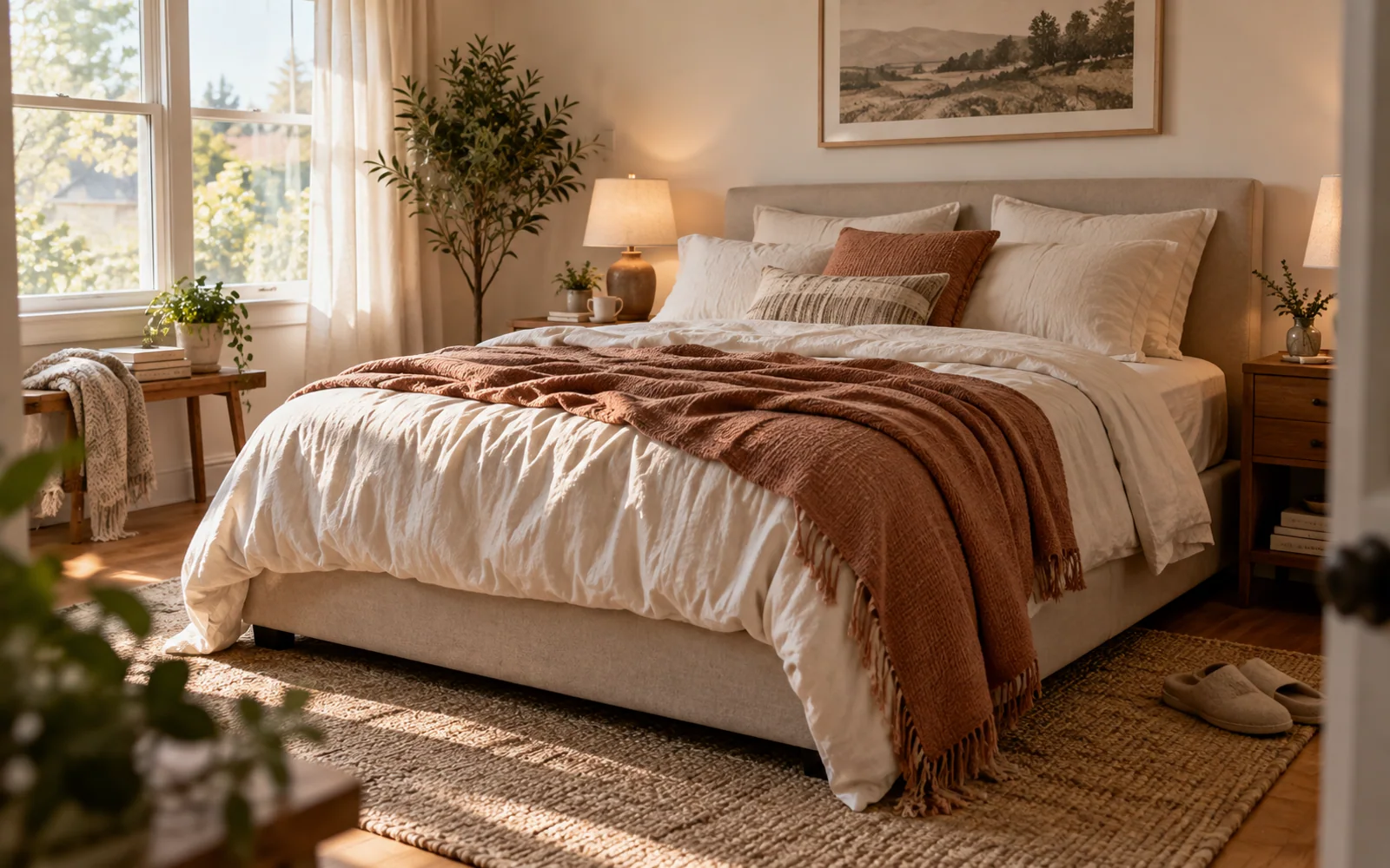 A complete fabric-covered bed with softly rumpled bedding, textured pillows, and practical furniture in a calm bedroom.