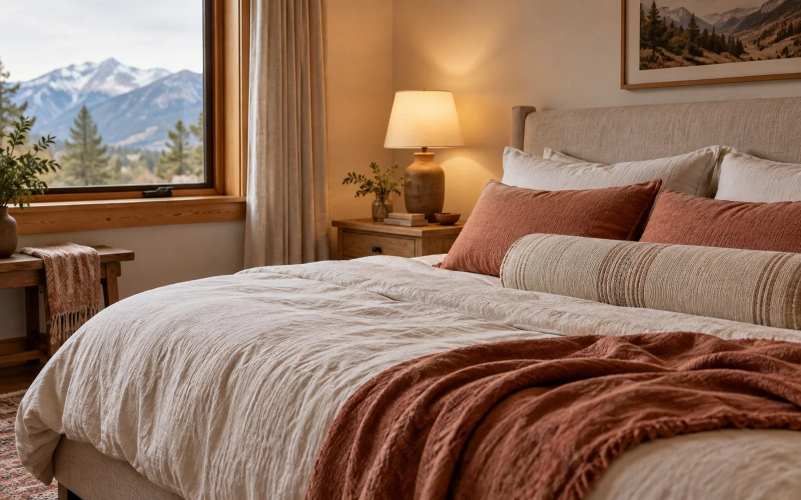 A complete fabric-covered bed with softly rumpled bedding, textured pillows, and practical furniture in a calm bedroom.