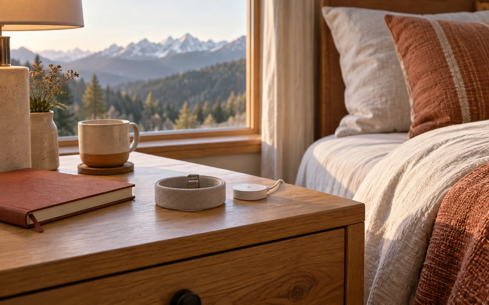A small wearable sleep tracker and a compact charging accessory on a bedside surface beside soft bedding.