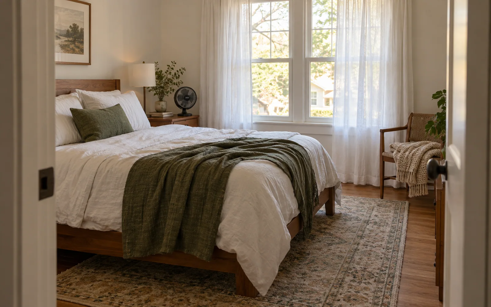 Lightweight bedding in an airy bedroom, with sheer curtains and a small fan near the window.