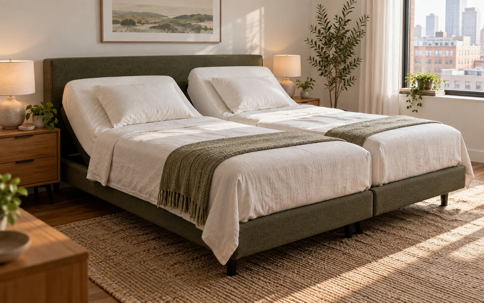 Two separate long single sleep surfaces dressed as a split king bed, with coordinated sheets and bedside lamps.