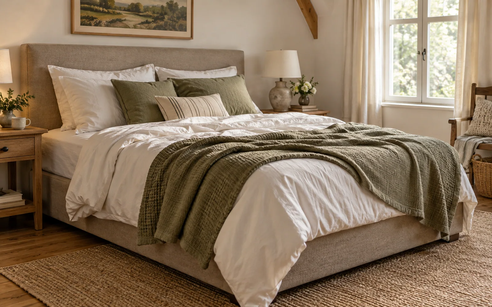 A complete fabric-covered bed with softly rumpled bedding, textured pillows, and practical furniture in a calm bedroom.