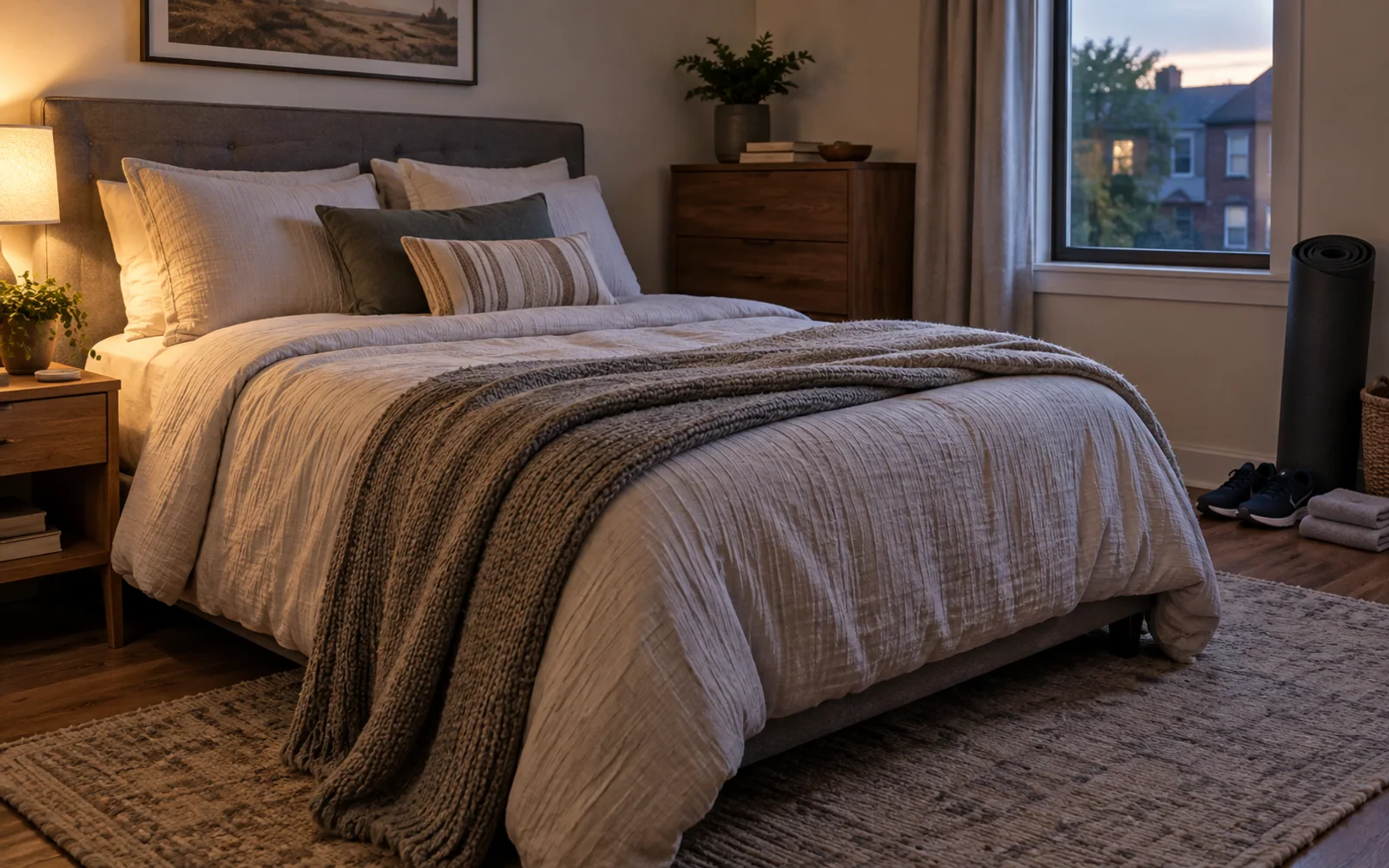 A small bed with cotton bedding, nearby books, and soft bedroom textiles in an inviting child's room.